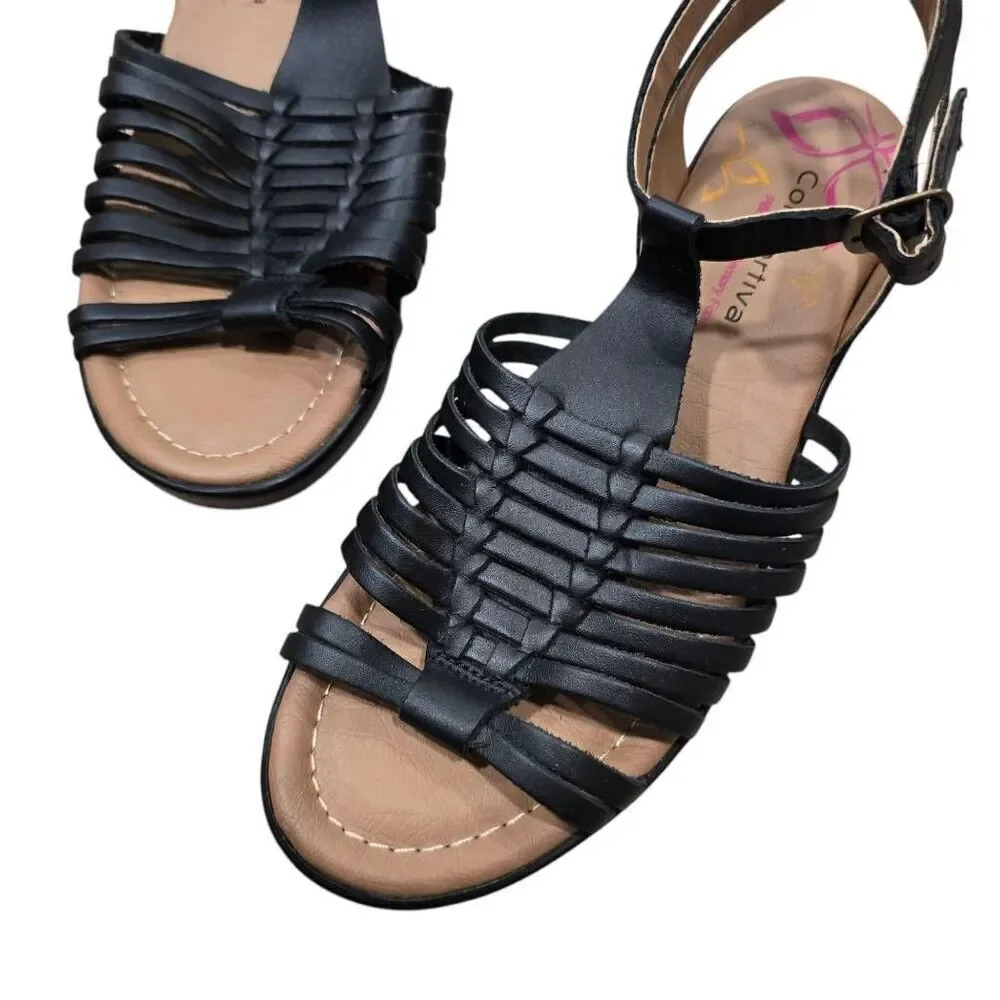 Comfortiva Strappy Sandals Women 7W Black Leather Pillowtop Memory Foam Open Toe